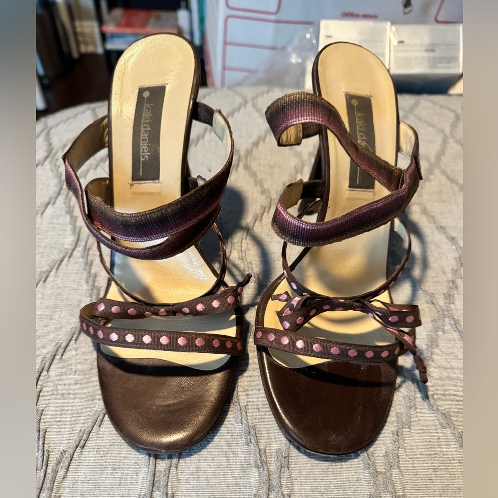 Brown and pink high heel sandals, 4 in heel